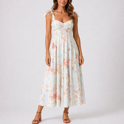 A-Line Midi Dress with Ruched Bodice and Tie Shoulders - Ivory