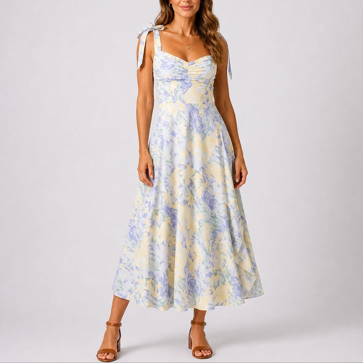 A-Line Midi Dress with Ruched Bodice and Tie Shoulders - White