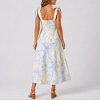 A-Line Midi Dress with Ruched Bodice and Tie Shoulders
