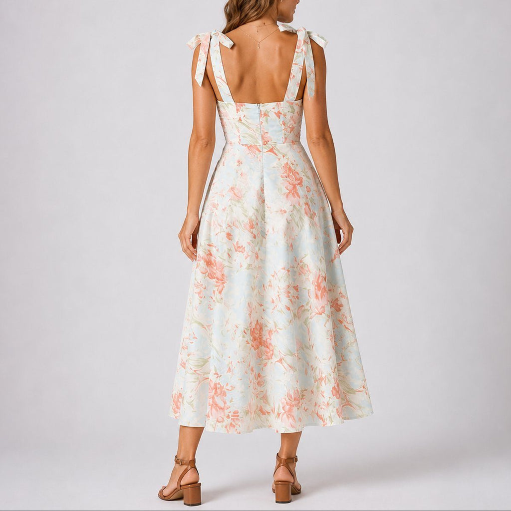 A-Line Midi Dress with Ruched Bodice and Tie Shoulders