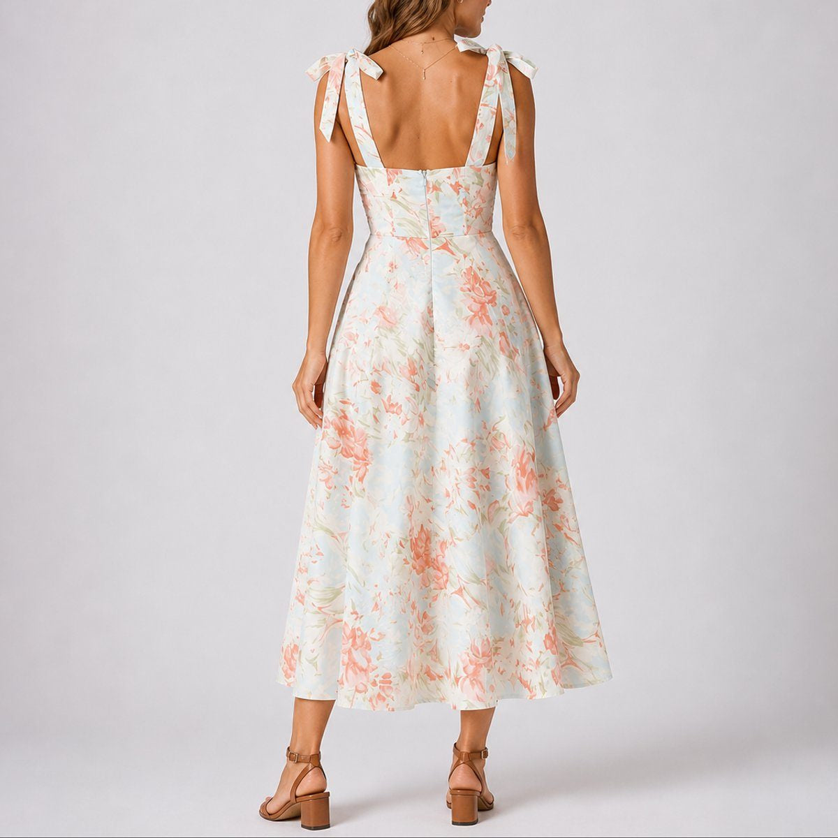 A-Line Midi Dress with Ruched Bodice and Tie Shoulders