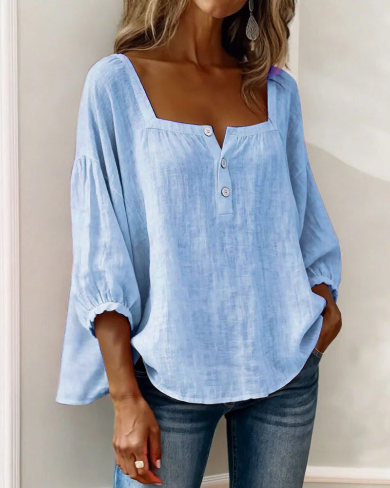 Blouse with Square Neck and Puff Three-Quarter Sleeves