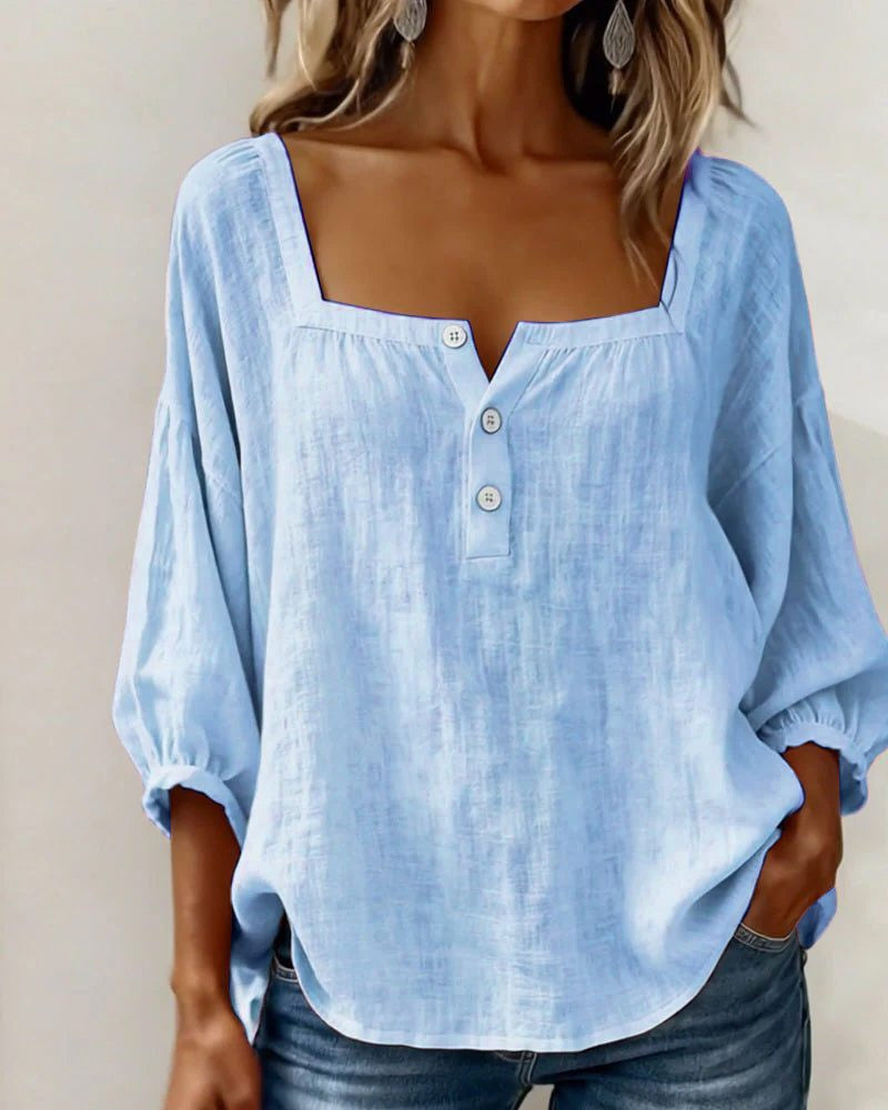 Blouse with Square Neck and Puff Three-Quarter Sleeves