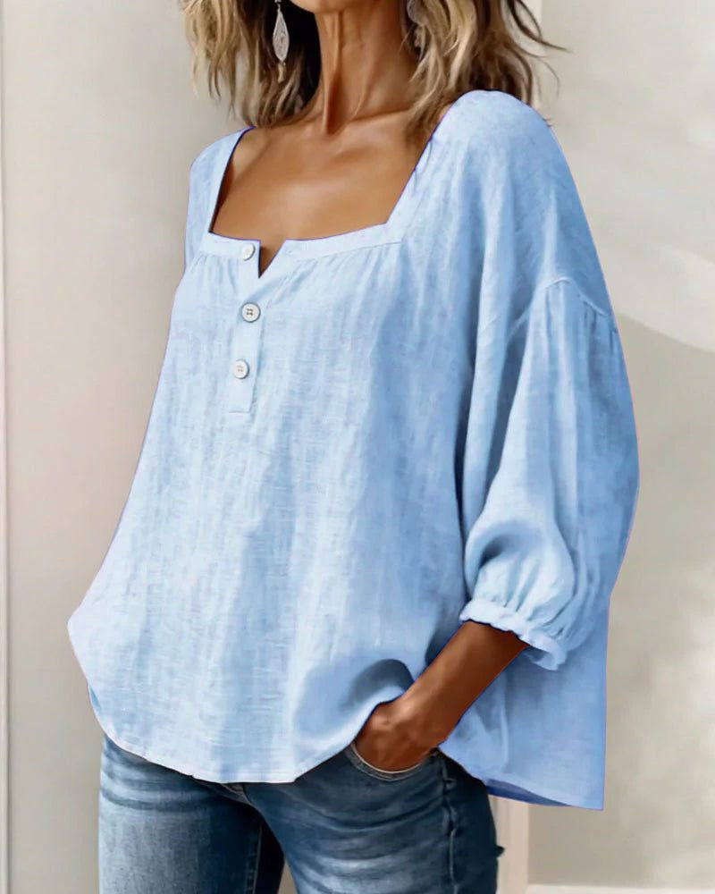Blouse with Square Neck and Puff Three-Quarter Sleeves