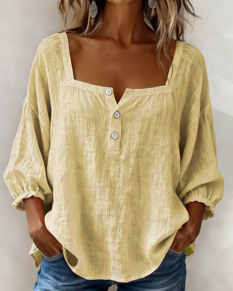 Blouse with Square Neck and Puff Three-Quarter Sleeves - Yellow