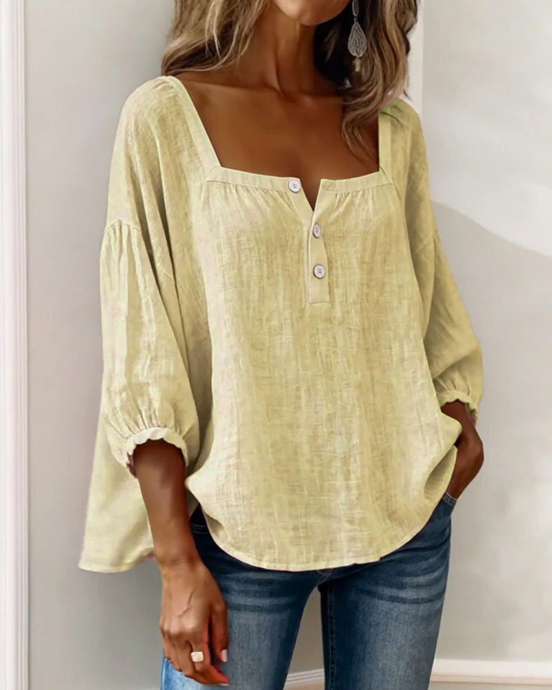 Blouse with Square Neck and Puff Three-Quarter Sleeves
