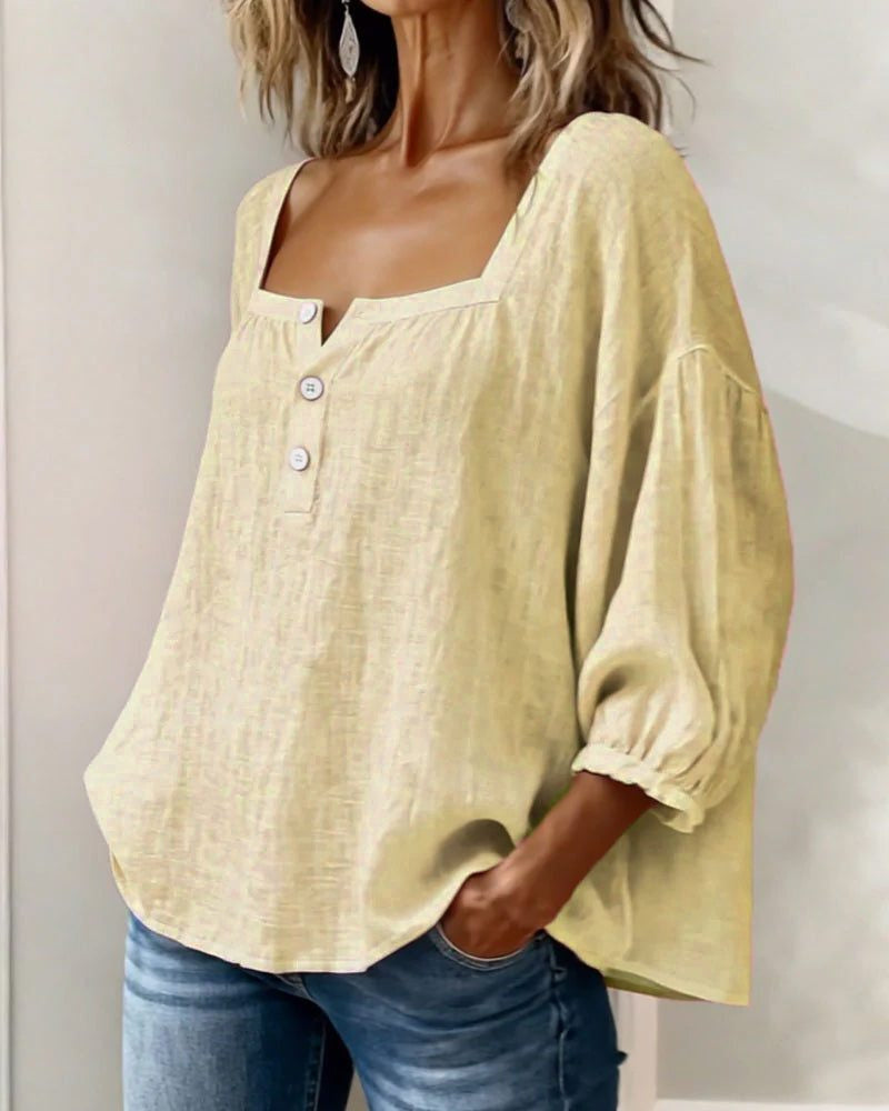 Blouse with Square Neck and Puff Three-Quarter Sleeves