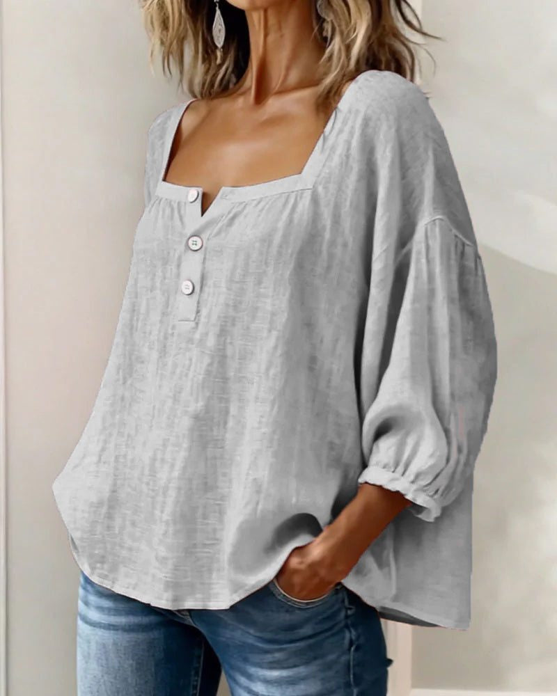 Blouse with Square Neck and Puff Three-Quarter Sleeves