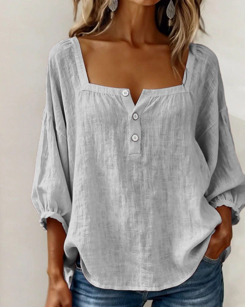 Blouse with Square Neck and Puff Three-Quarter Sleeves