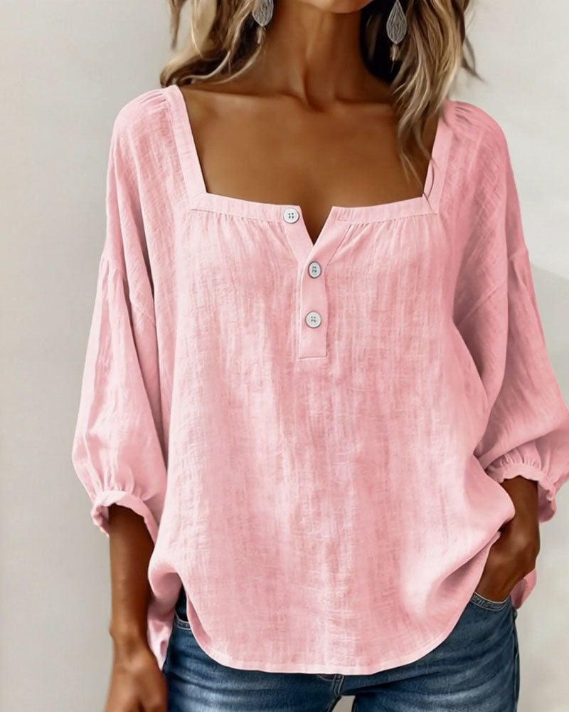 Blouse with Square Neck and Puff Three-Quarter Sleeves