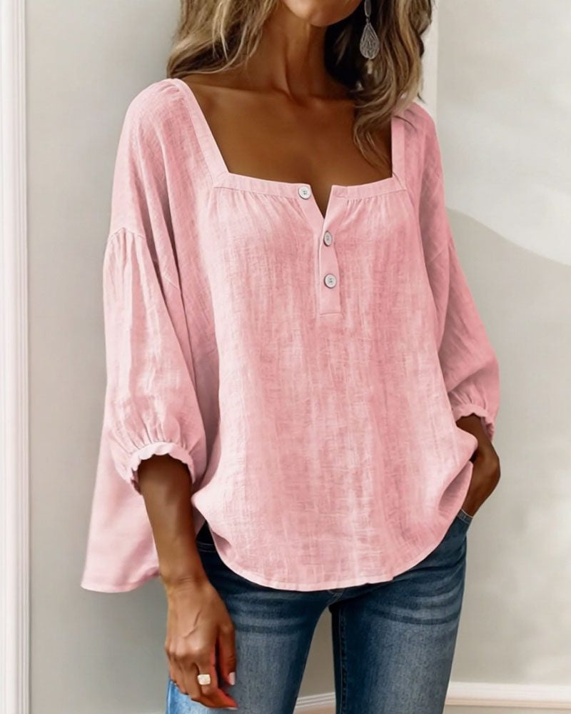 Blouse with Square Neck and Puff Three-Quarter Sleeves