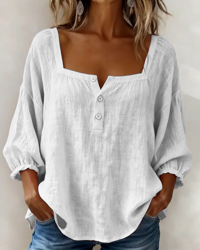Blouse with Square Neck and Puff Three-Quarter Sleeves - White