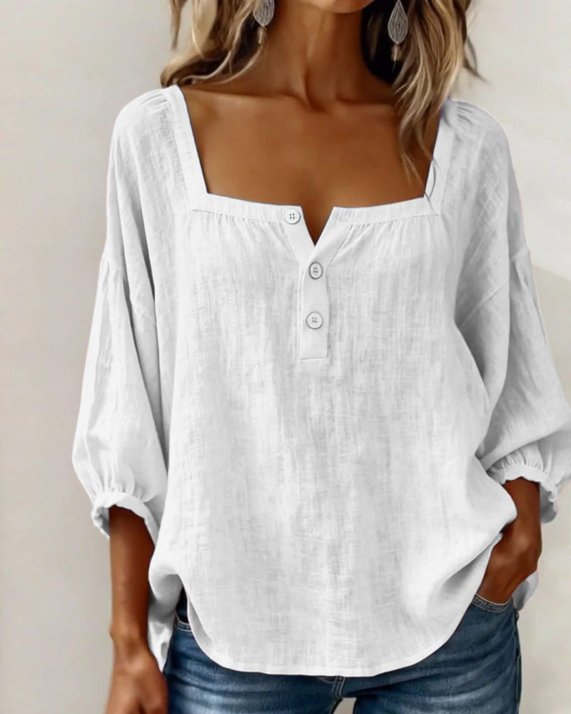 Blouse with Square Neck and Puff Three-Quarter Sleeves