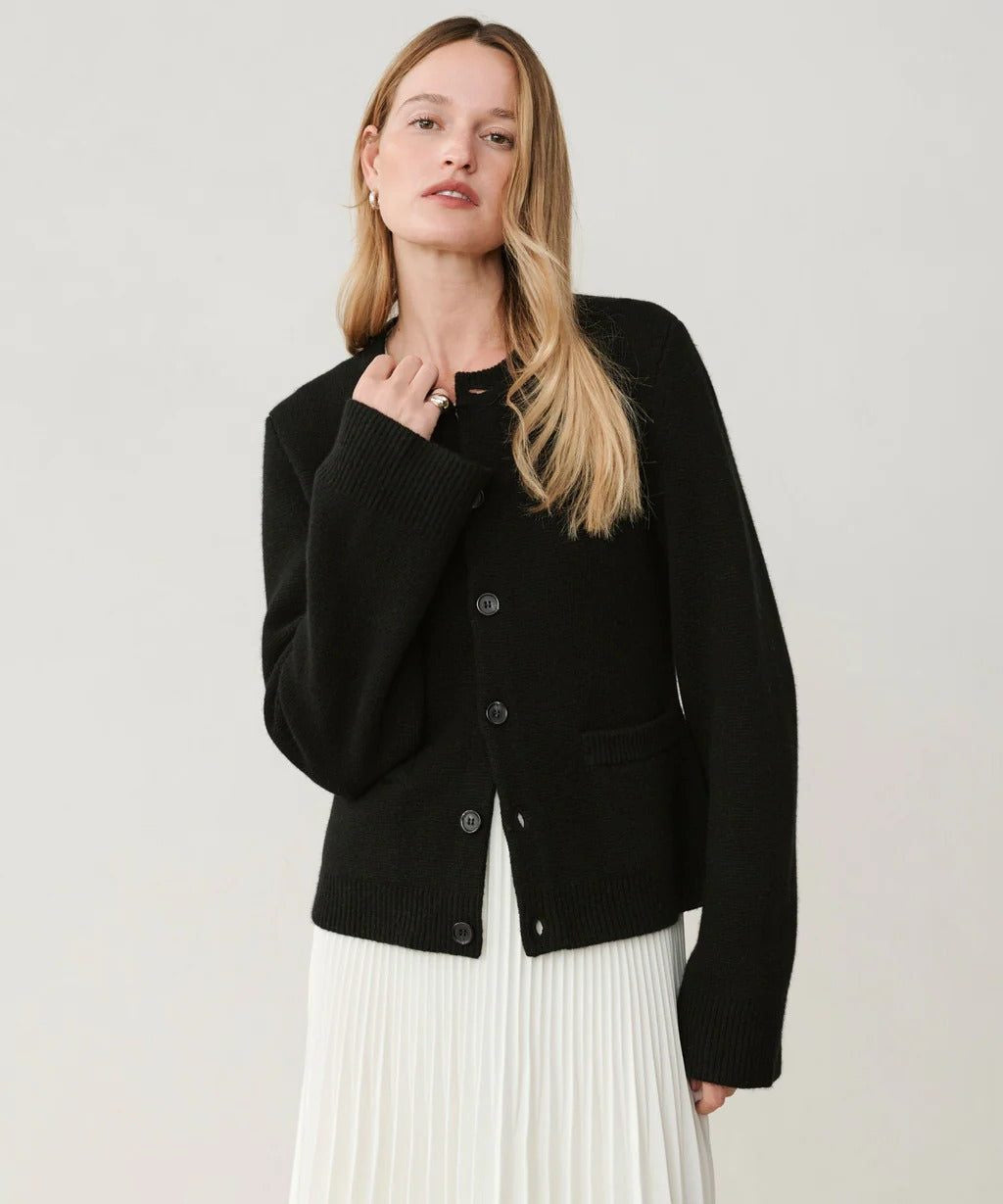 Button-Down Cardigan with Crew Neck and Wooden Buttons - Black