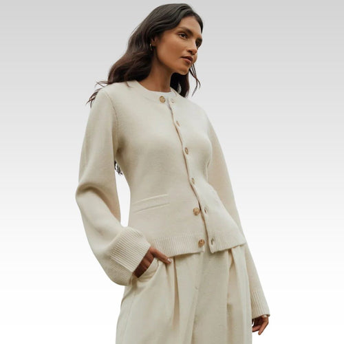 Button-Down Cardigan with Crew Neck and Wooden Buttons