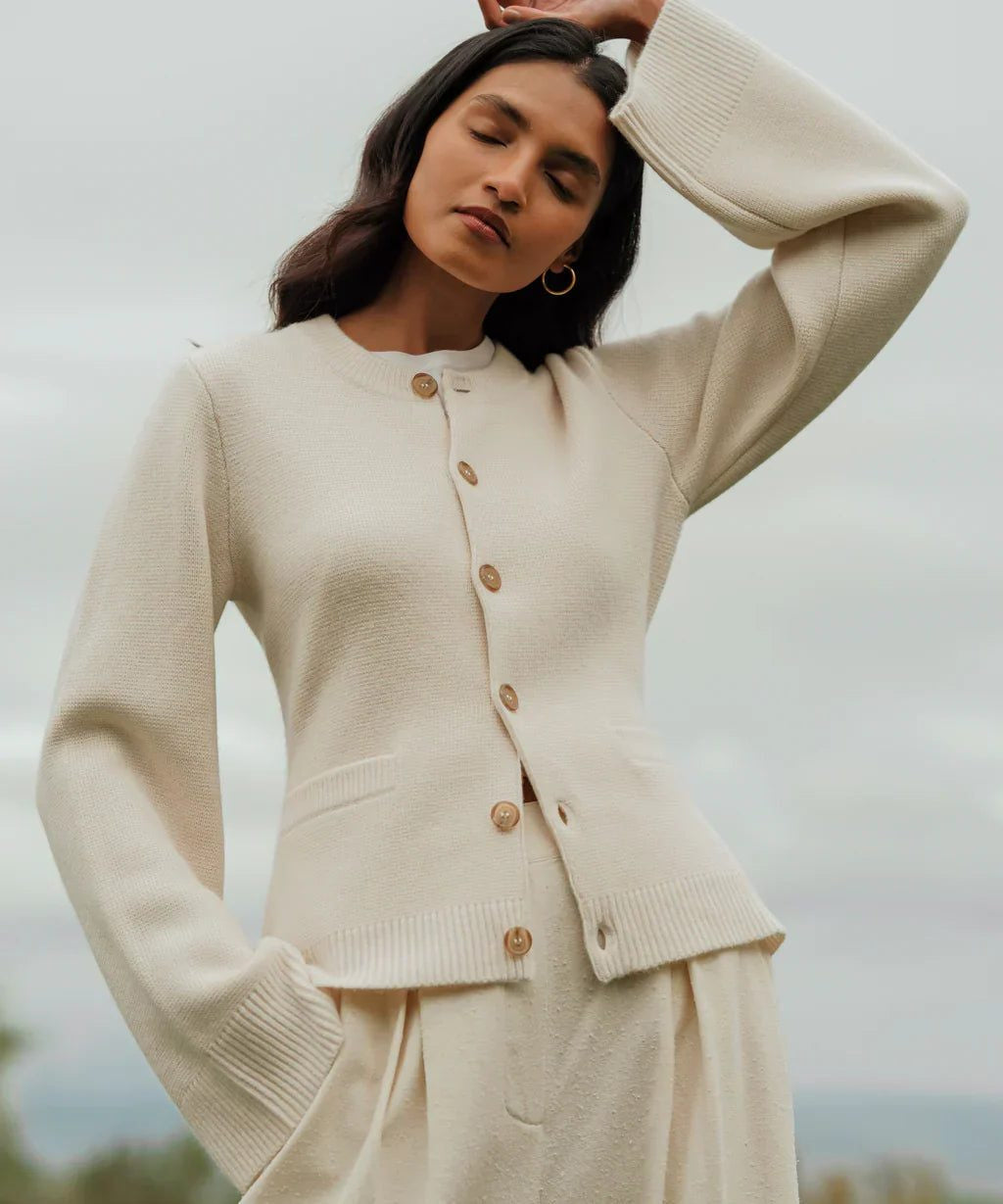 Button-Down Cardigan with Crew Neck and Wooden Buttons