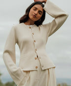 Button-Down Cardigan with Crew Neck and Wooden Buttons