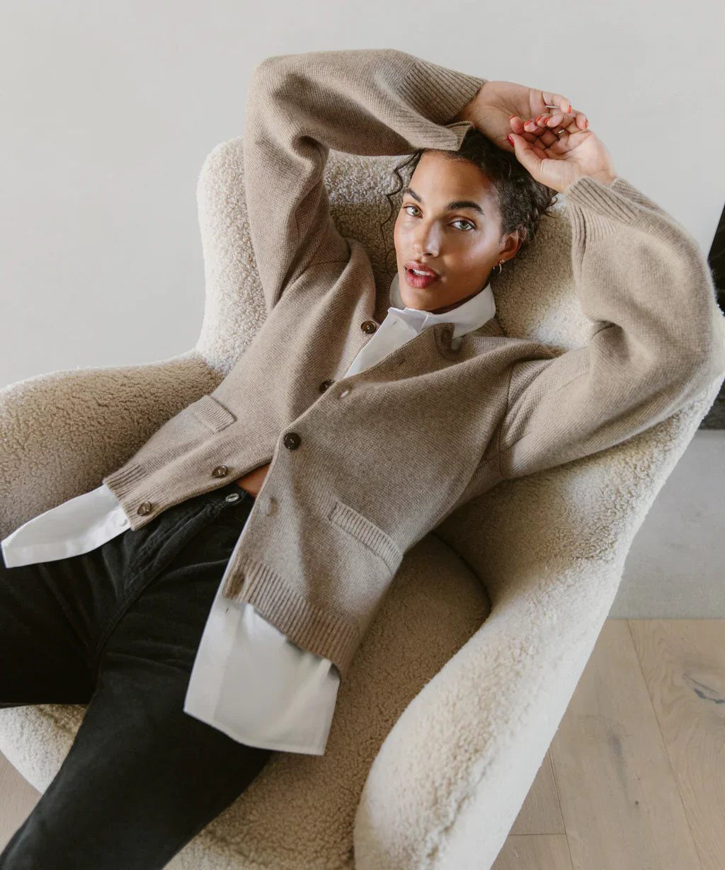 Button-Down Cardigan with Crew Neck and Wooden Buttons