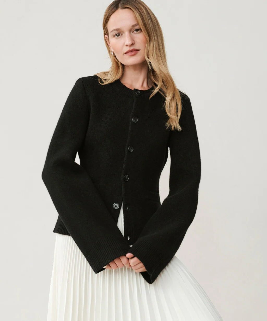 Button-Down Cardigan with Crew Neck and Wooden Buttons