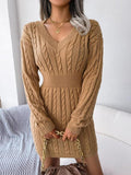 Cable Knit Midi Dress with V-Neck and Defined Waist - Khaki