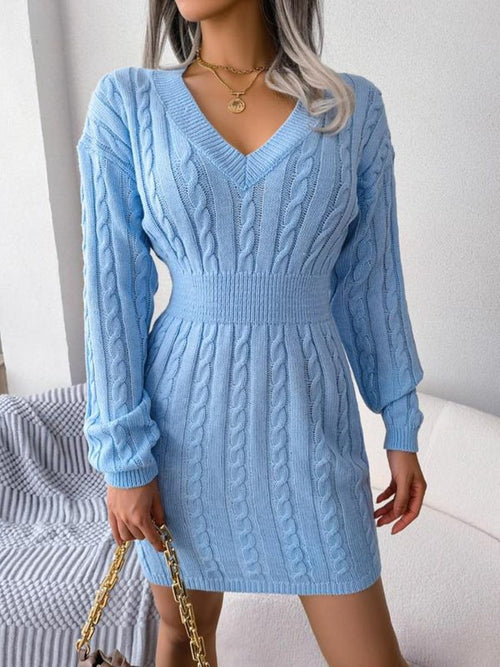 Cable Knit Midi Dress with V-Neck and Defined Waist - Blue