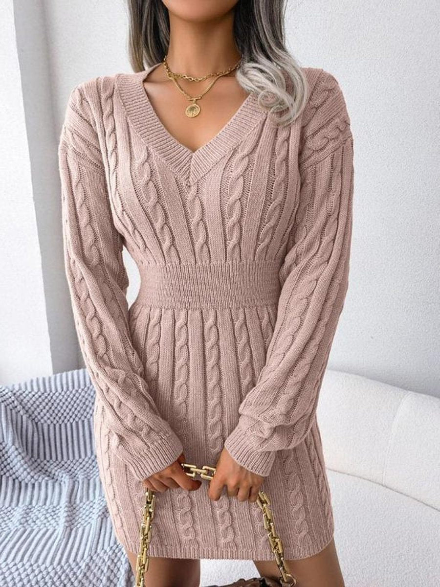 Cable Knit Midi Dress with V-Neck and Defined Waist - Pink