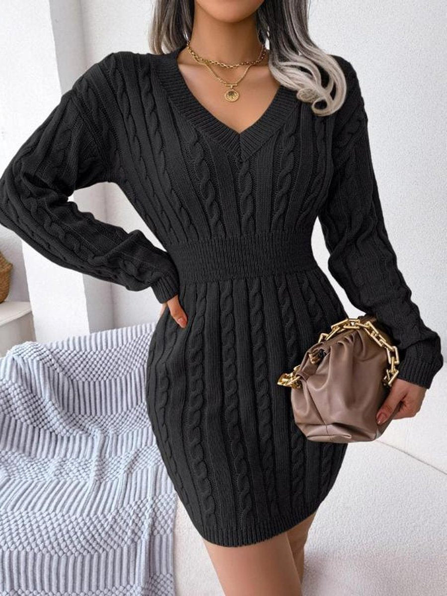 Cable Knit Midi Dress with V-Neck and Defined Waist - Black
