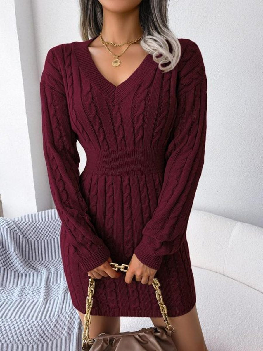 Cable Knit Midi Dress with V-Neck and Defined Waist - Burgundy