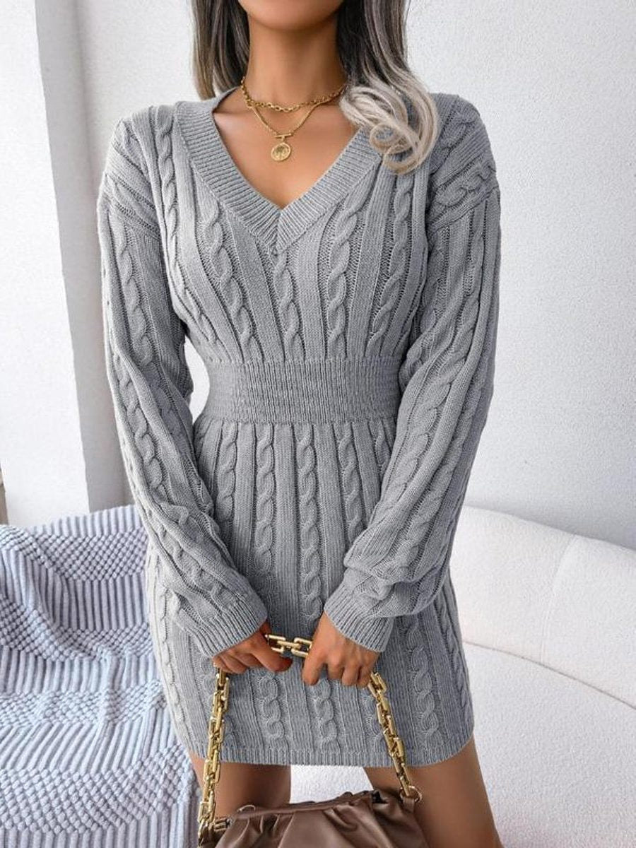 Cable Knit Midi Dress with V-Neck and Defined Waist - Grey