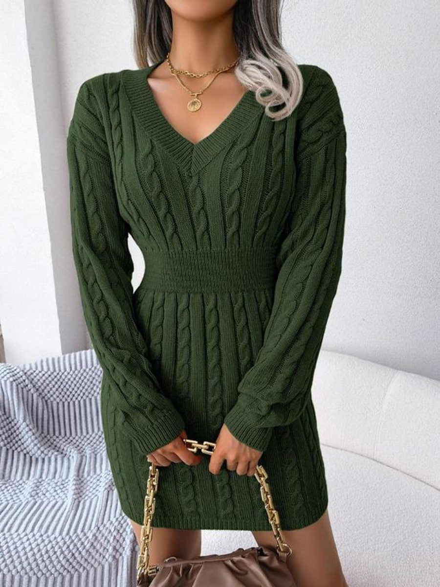 Cable Knit Midi Dress with V-Neck and Defined Waist - Army Green