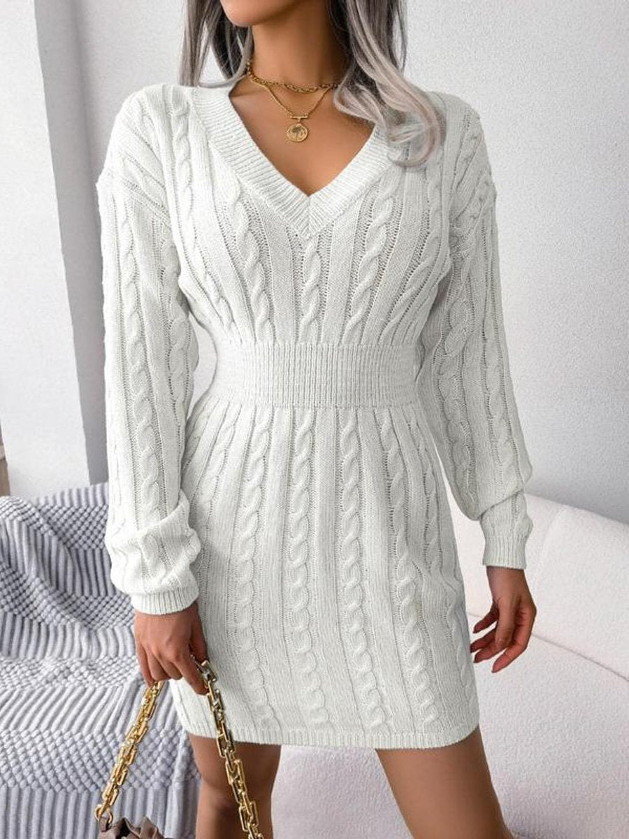 Cable Knit Midi Dress with V-Neck and Defined Waist - Beige