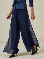 Chiffon Wide Leg Pants with Sheer Overlay Panel - Navy blue