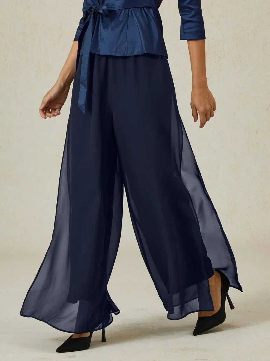 Chiffon Wide Leg Pants with Sheer Overlay Panel - Navy blue