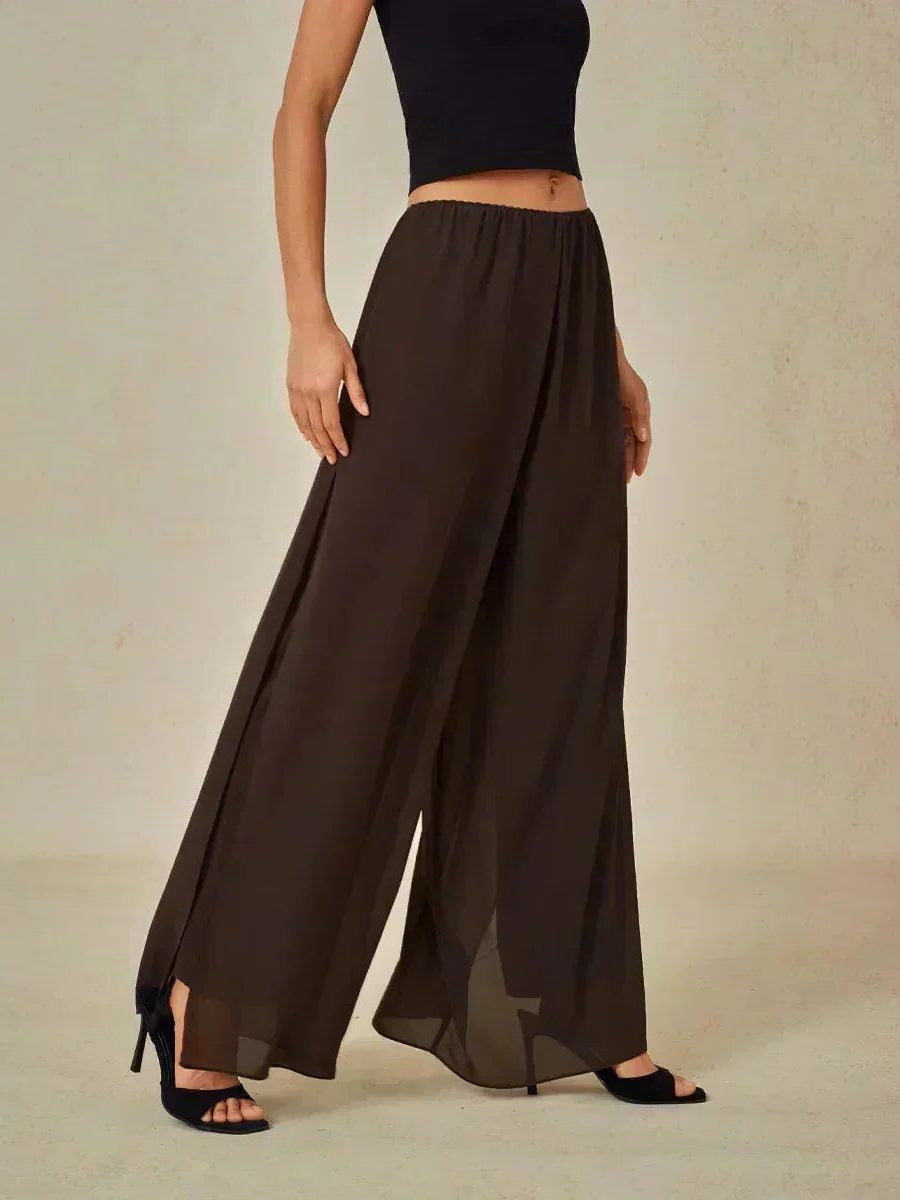 Chiffon Wide Leg Pants with Sheer Overlay Panel