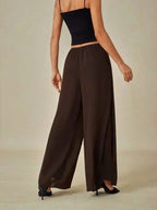 Chiffon Wide Leg Pants with Sheer Overlay Panel