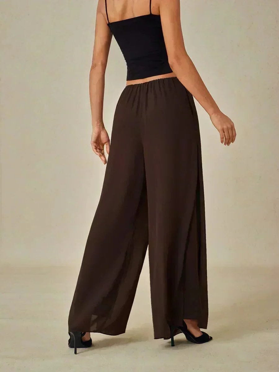 Chiffon Wide Leg Pants with Sheer Overlay Panel