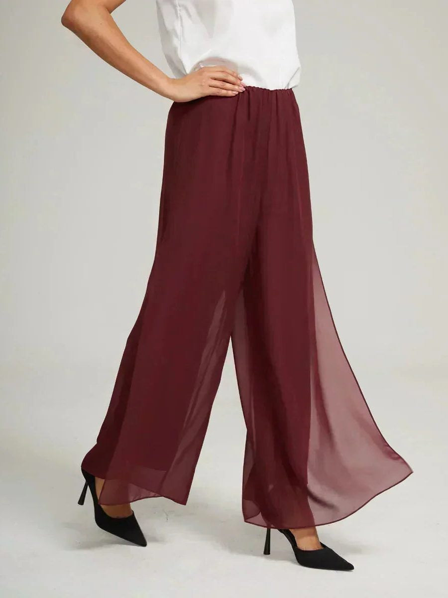 Chiffon Wide Leg Pants with Sheer Overlay Panel