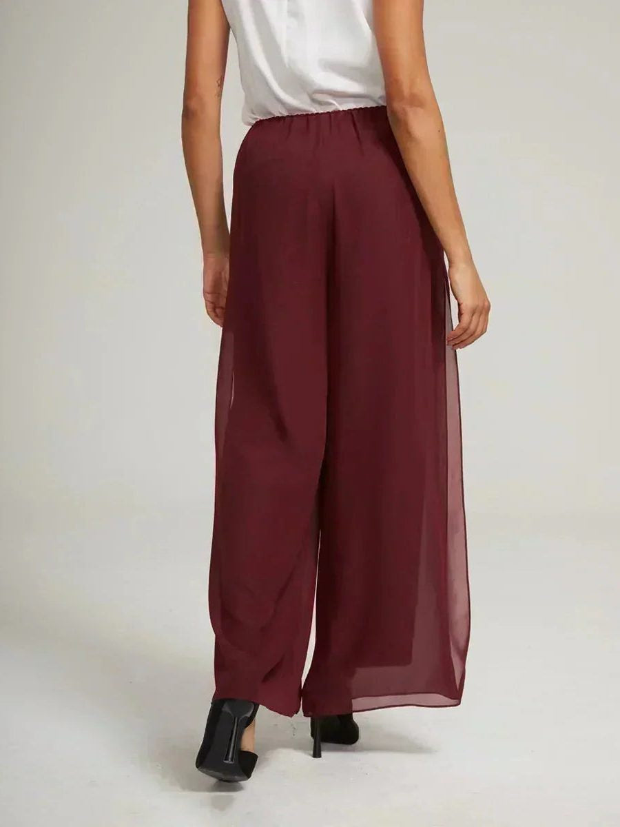 Chiffon Wide Leg Pants with Sheer Overlay Panel