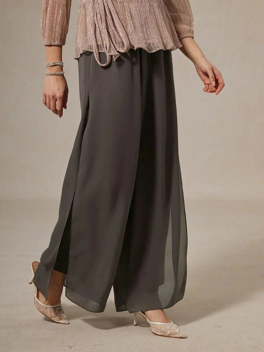 Chiffon Wide Leg Pants with Sheer Overlay Panel - Grey