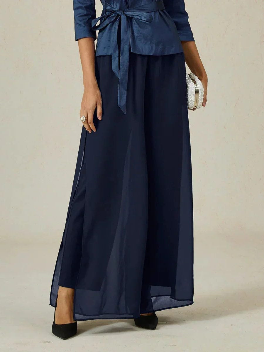 Chiffon Wide Leg Pants with Sheer Overlay Panel