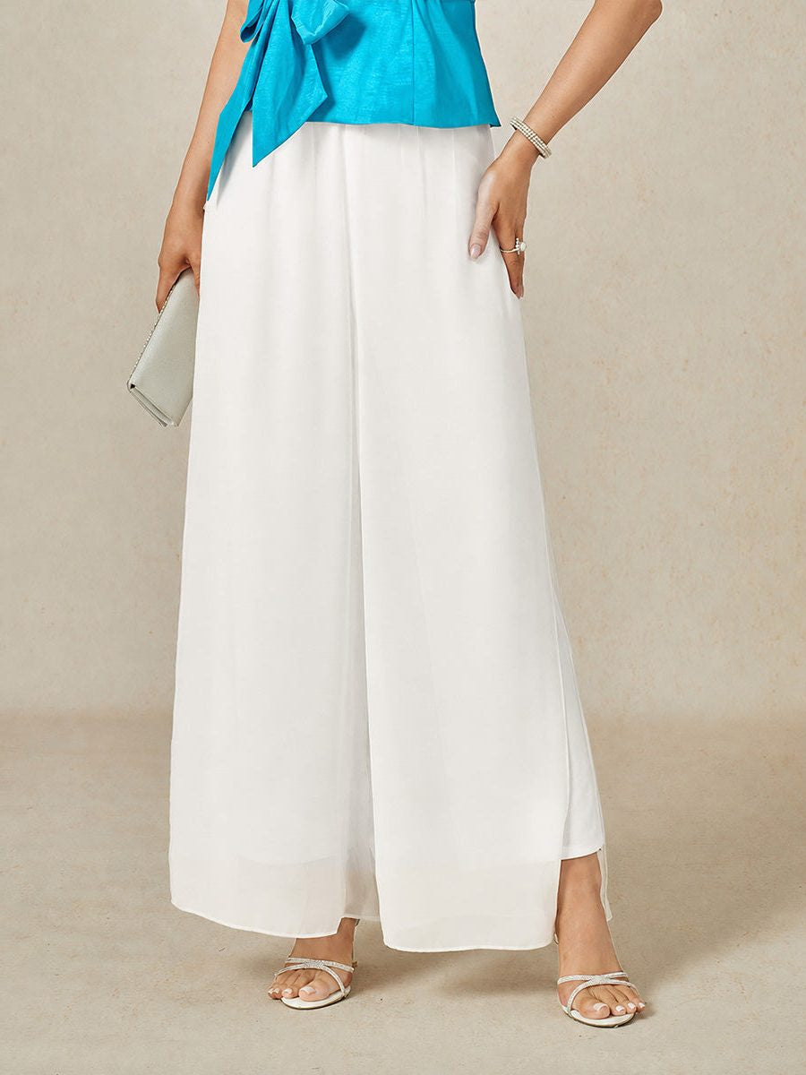 Chiffon Wide Leg Pants with Sheer Overlay Panel - White