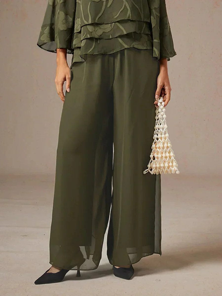 Chiffon Wide Leg Pants with Sheer Overlay Panel - Olive