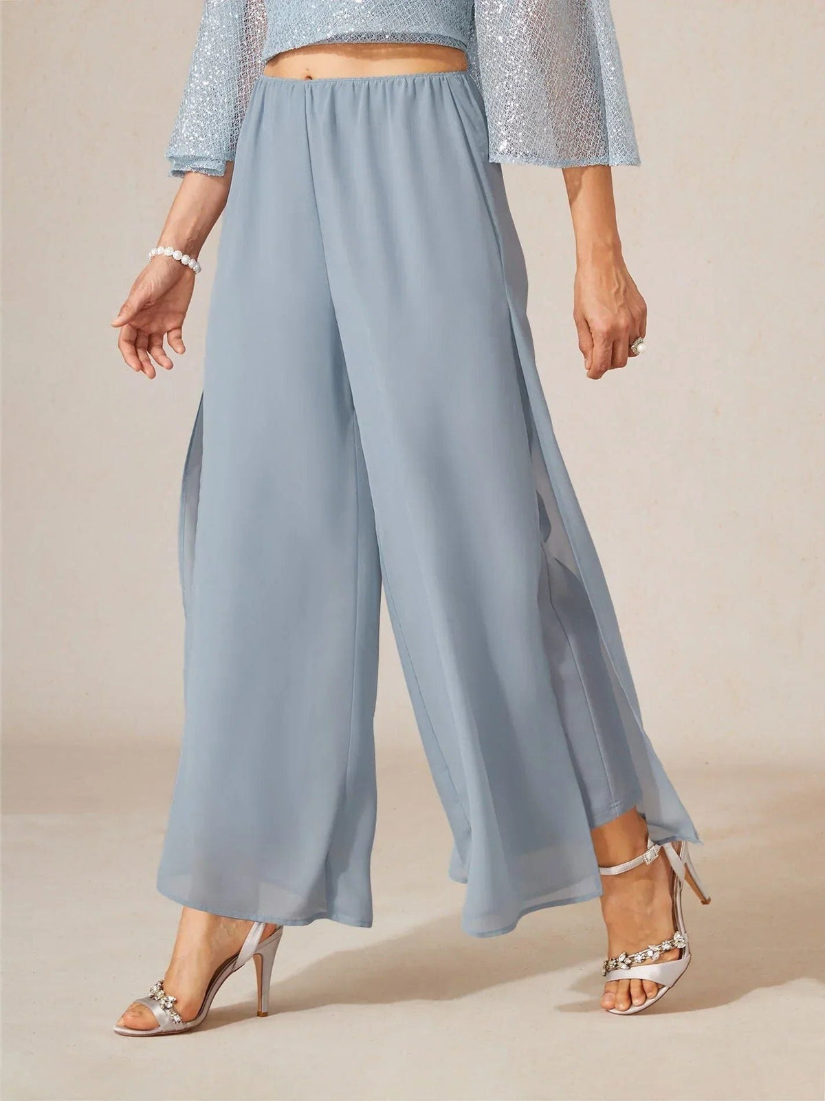 Chiffon Wide Leg Pants with Sheer Overlay Panel - Sky grey