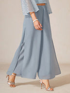 Chiffon Wide Leg Pants with Sheer Overlay Panel
