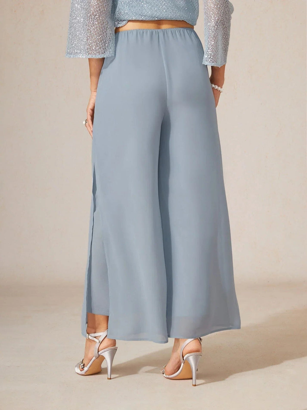 Chiffon Wide Leg Pants with Sheer Overlay Panel
