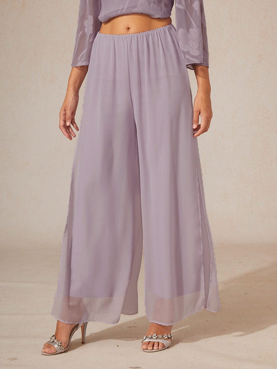 Chiffon Wide Leg Pants with Sheer Overlay Panel - Lilac