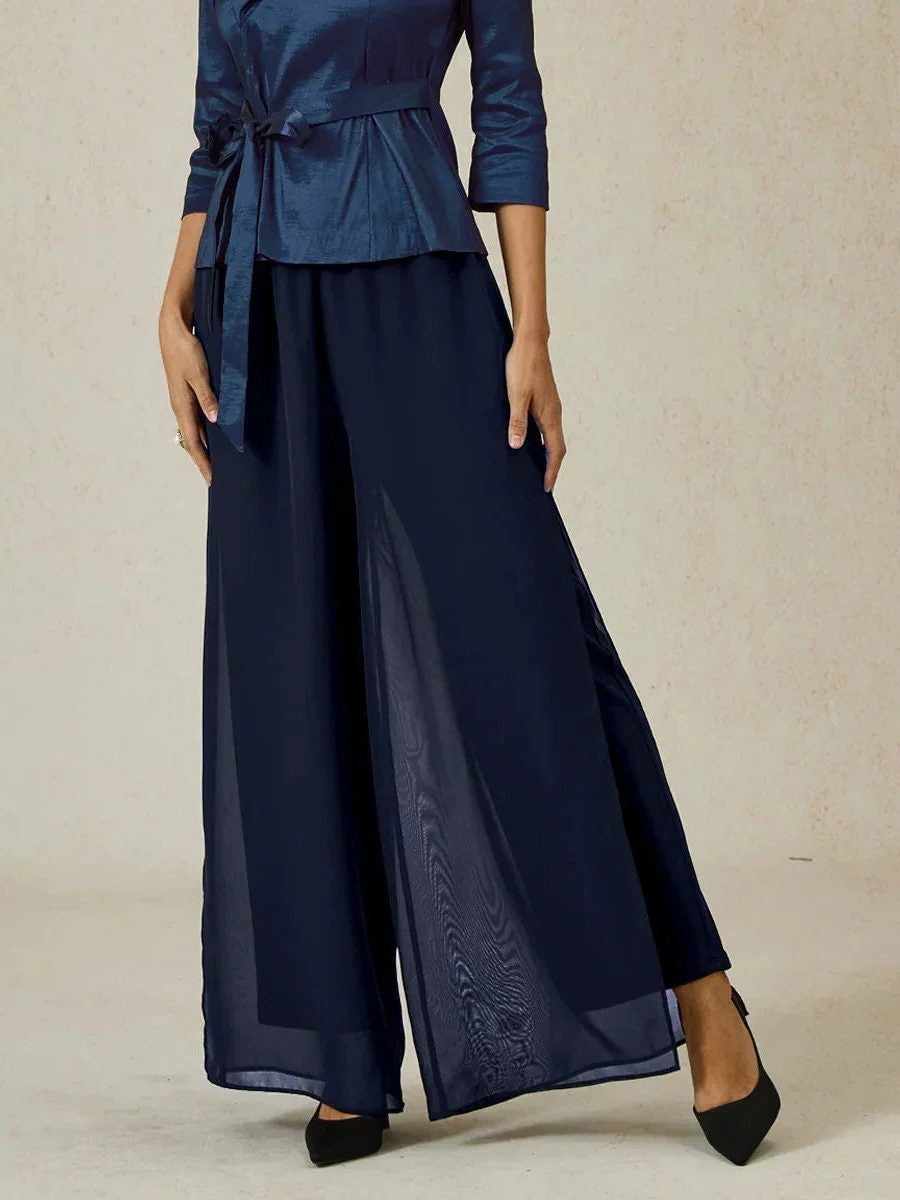 Chiffon Wide Leg Pants with Sheer Overlay Panel