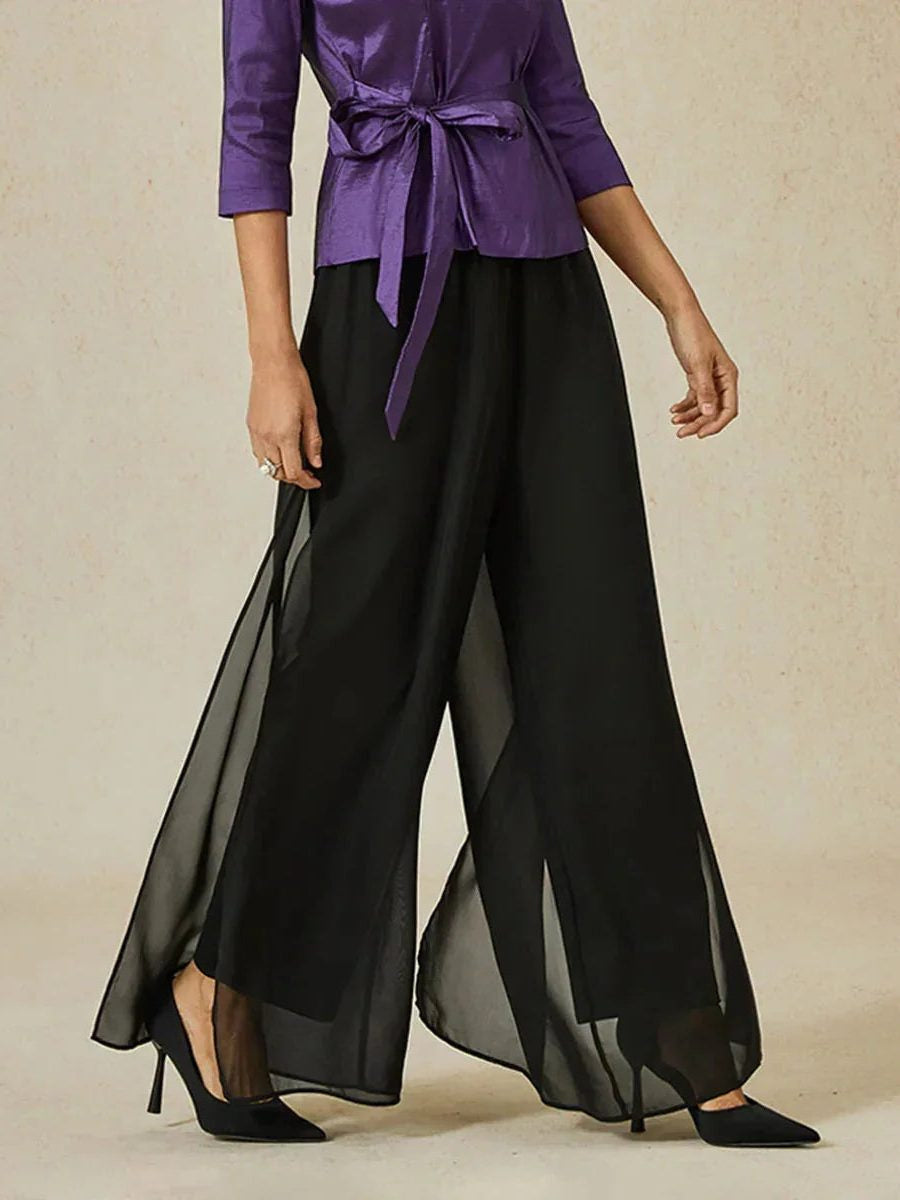 Chiffon Wide Leg Pants with Sheer Overlay Panel - Black