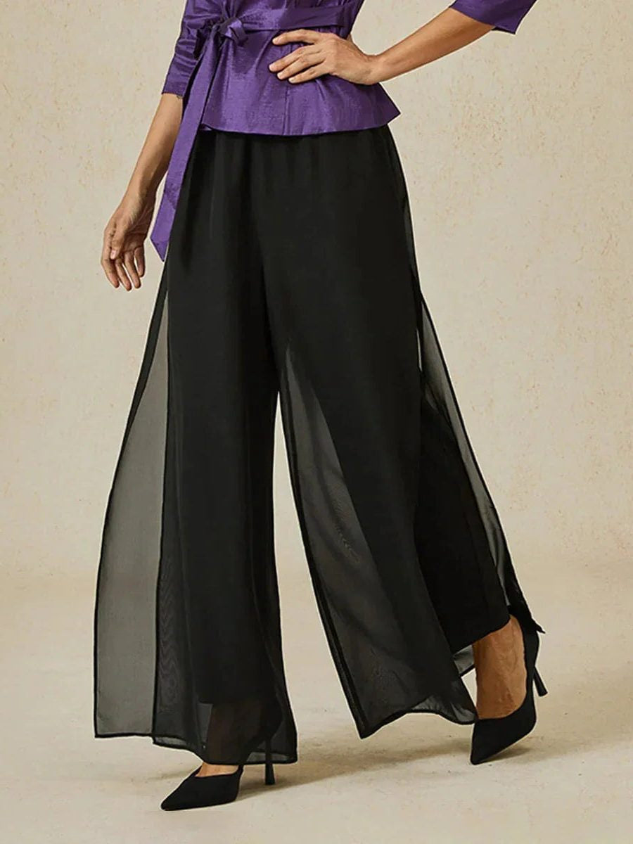 Chiffon Wide Leg Pants with Sheer Overlay Panel