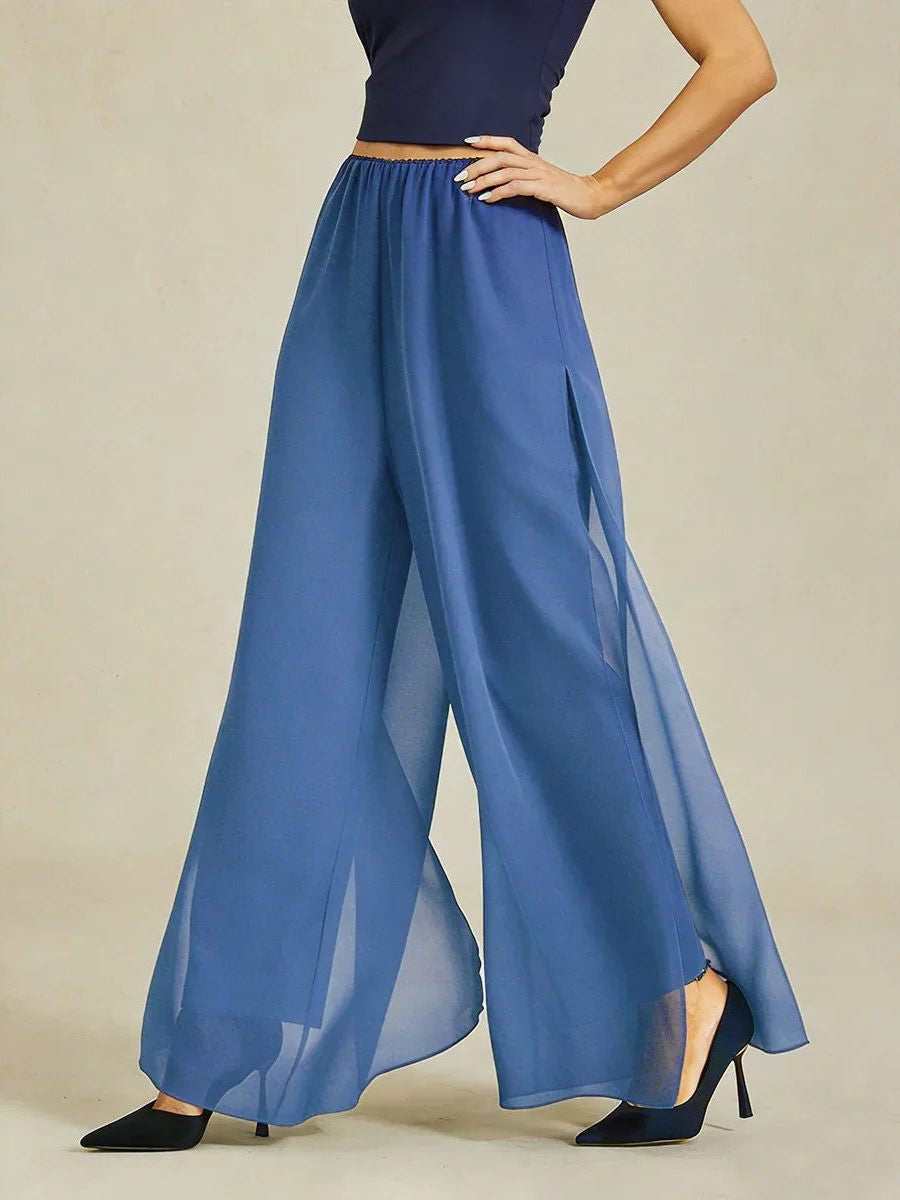 Chiffon Wide Leg Pants with Sheer Overlay Panel - Wedgewood